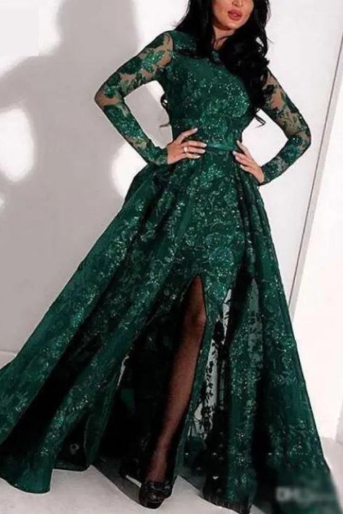 Fashion Mermaid Sexy Glitter Prom High Neck Embroidery Slit Evening Wedding Guest Dress