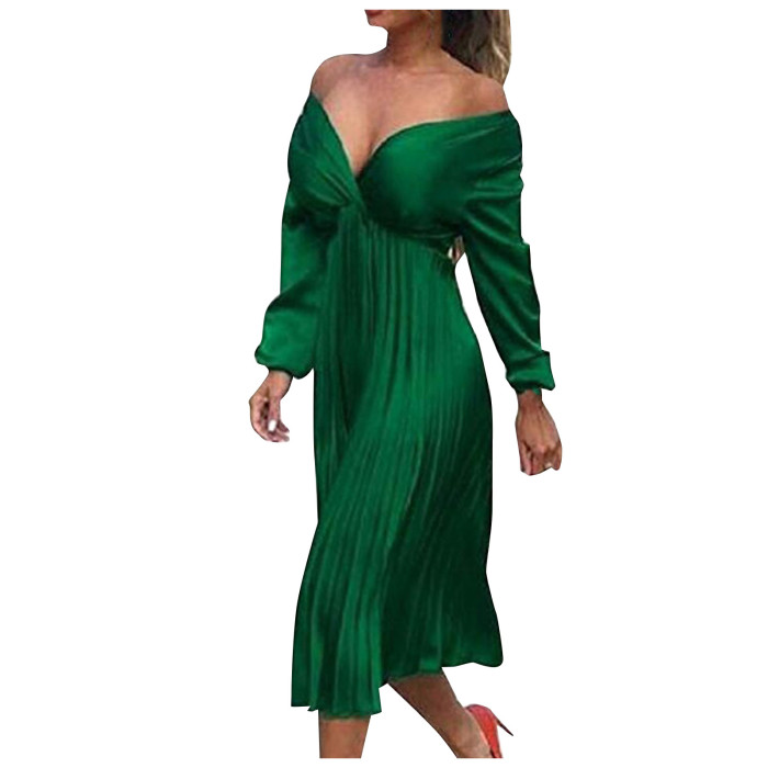 Fashion Sexy V-neck Elastic Waist Solid Pleated Elegant Dress