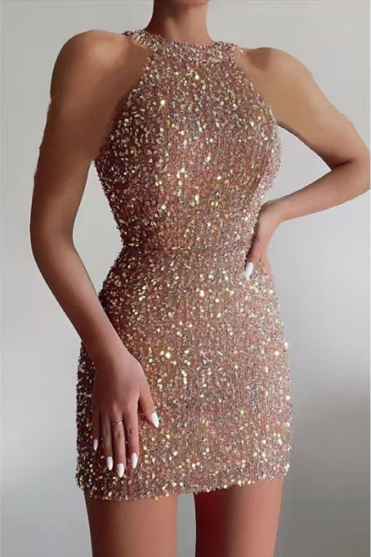 Off Shoulder Elegant Colorful Sequins Sleeveless Round Neck Party Wedding Guest Dress