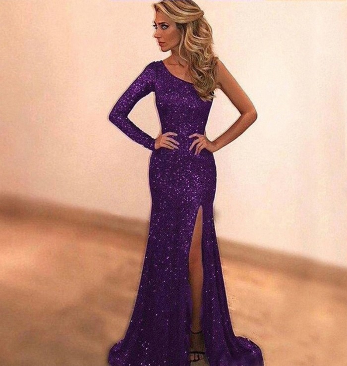 Women Sexy One Shoulder Prom Gown Fashion Sequined Party Dress