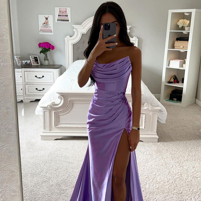 Sexy Slit Satin Fashion Pleated Sleeveless Dress