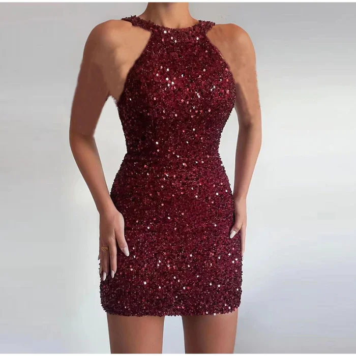 Off Shoulder Elegant Colorful Sequins Sleeveless Round Neck Party Wedding Guest Dress