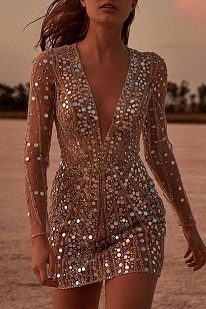 Elegant Sexy Party Deep V Long Sleeve Sequin Wedding Guest Dress