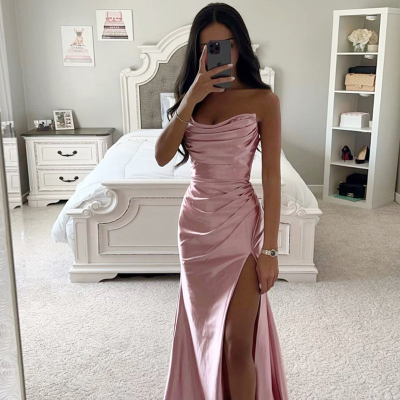 Sexy Slit Satin Fashion Pleated Sleeveless Dress