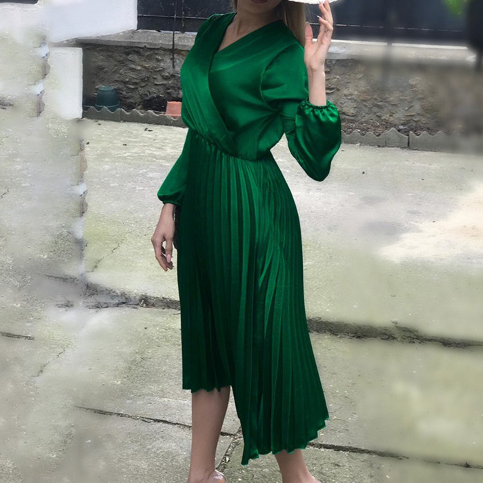 Fashion Sexy V-neck Elastic Waist Solid Pleated Elegant Dress