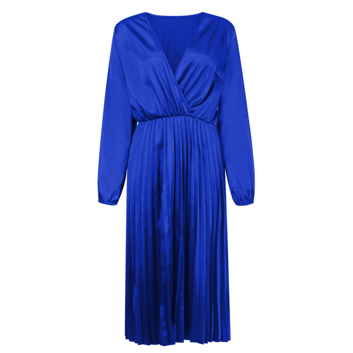 Fashion Sexy V-neck Elastic Waist Solid Pleated Elegant Dress