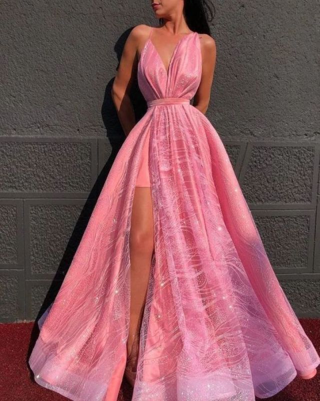 Pink Deep-V Sequins Sexy Wedding Guest Dress