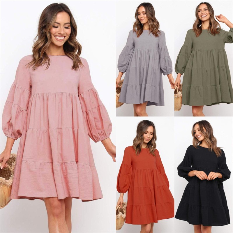 Women's Long Sleeve Fashionable Solid Color Cotton Linen Loose Dress