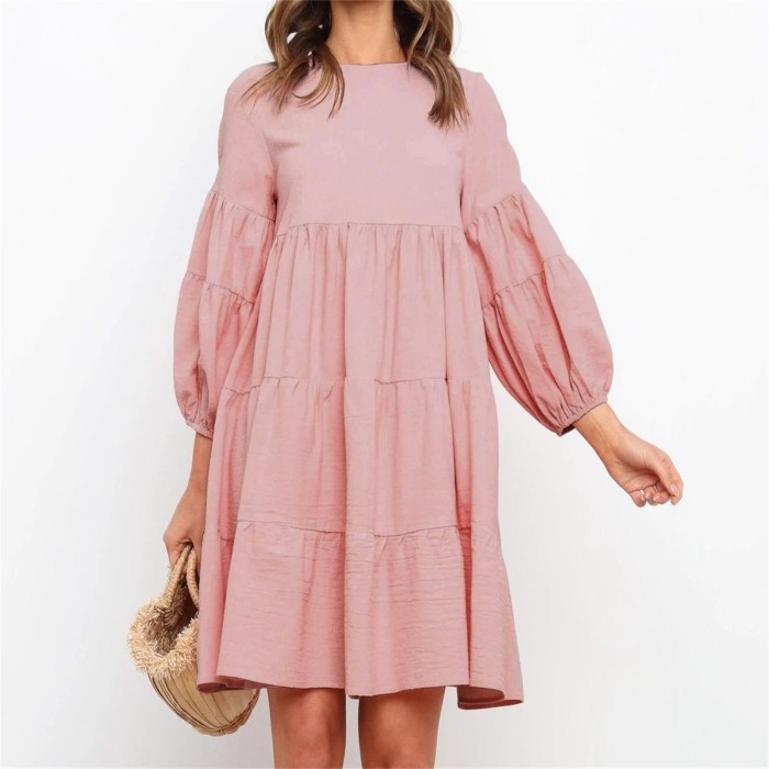 Women's Long Sleeve Fashionable Solid Color Cotton Linen Loose Dress