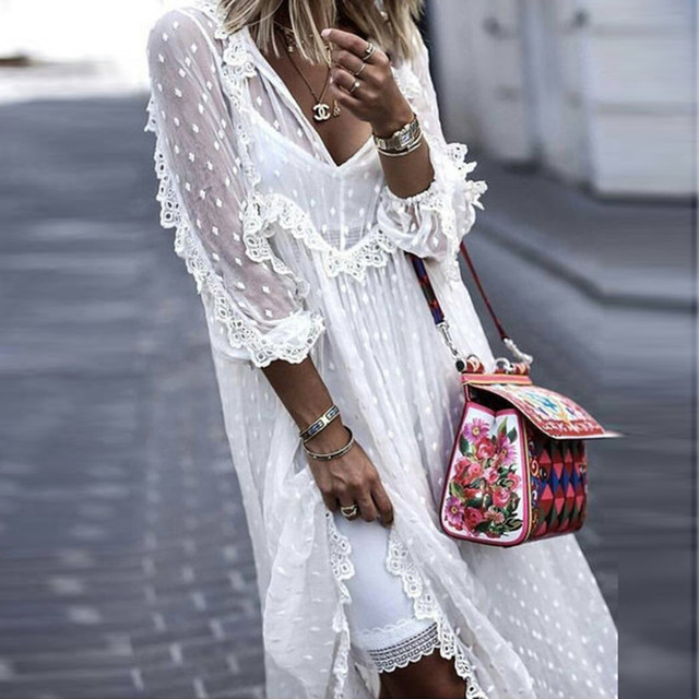 Fashion Sexy V-Neck Beach Polka Dot Print Long Dress