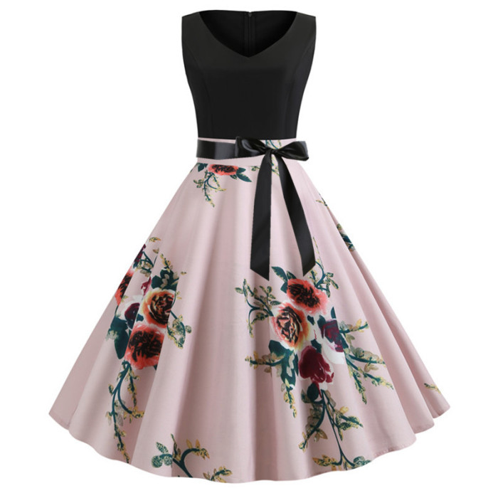 Casual V-neck Print Sleeveless Vintage Dress