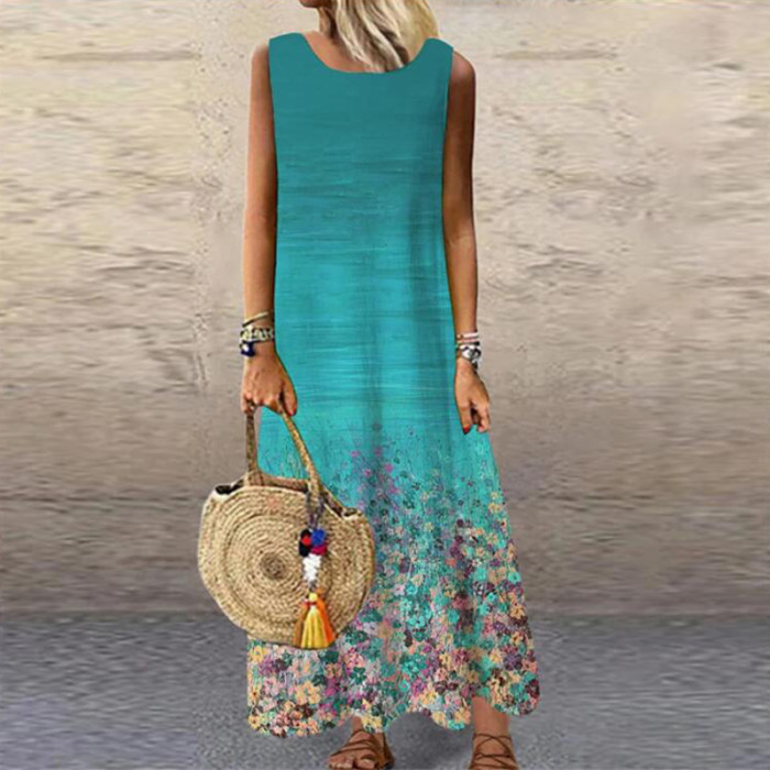 Vintage Floral Printed Sleeveless Loose Casual Bohemia Maxi Dress