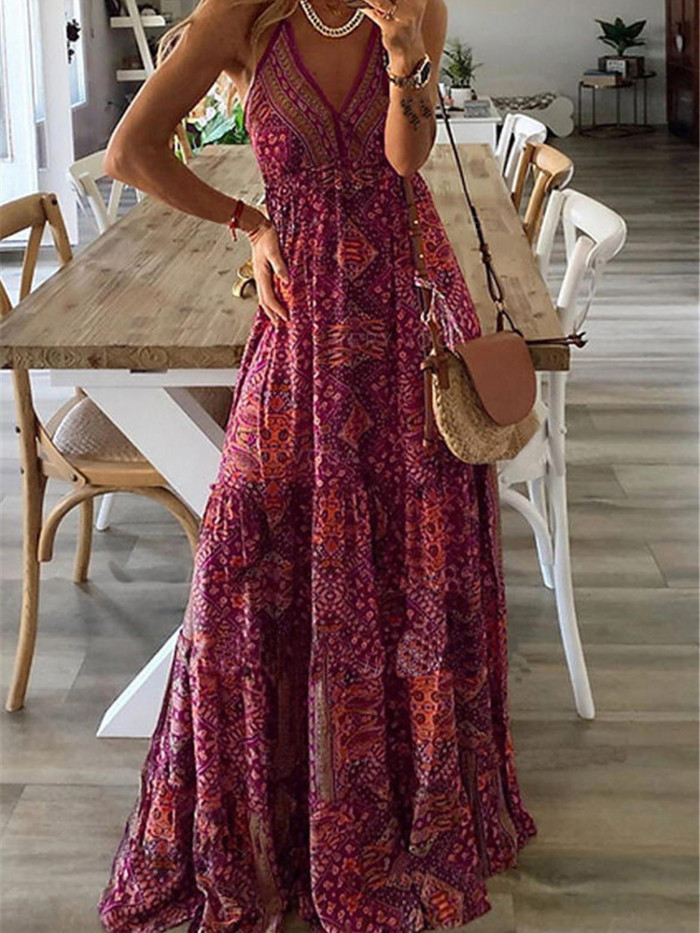 Vintage Fashion Sexy Sleeveless V Neck Printed Boho Maxi Dress