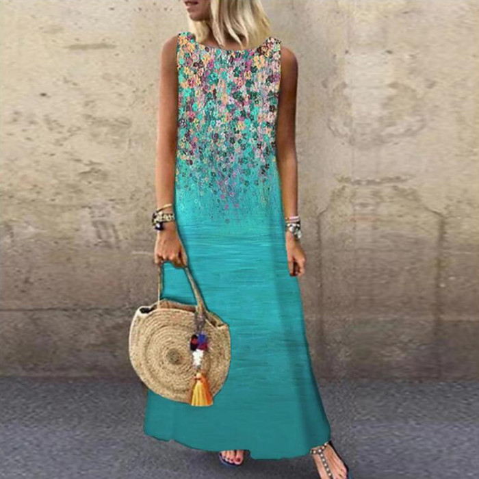 Vintage Floral Printed Sleeveless Loose Casual Bohemia Maxi Dress