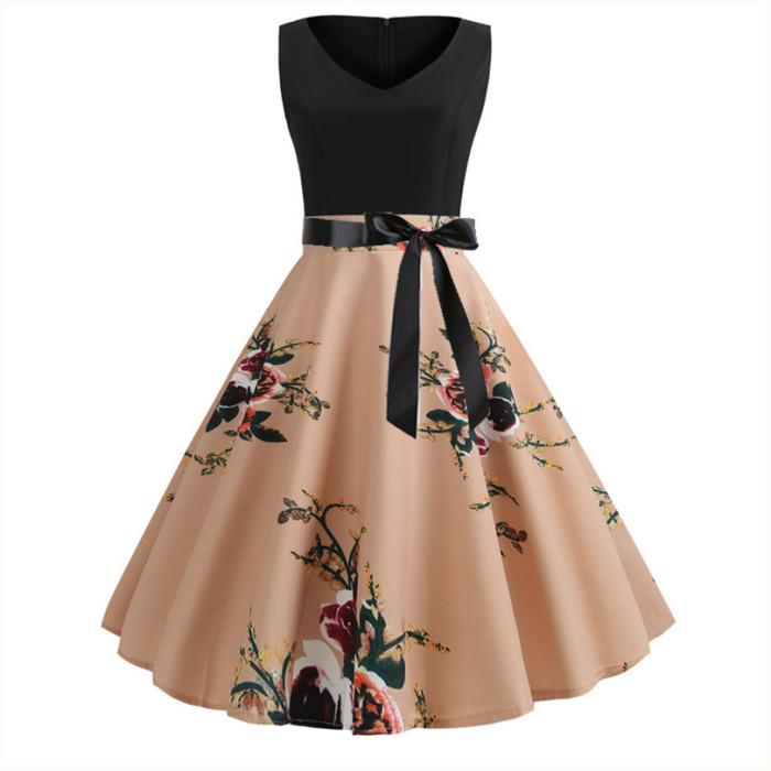 Casual V-neck Print Sleeveless Vintage Dress