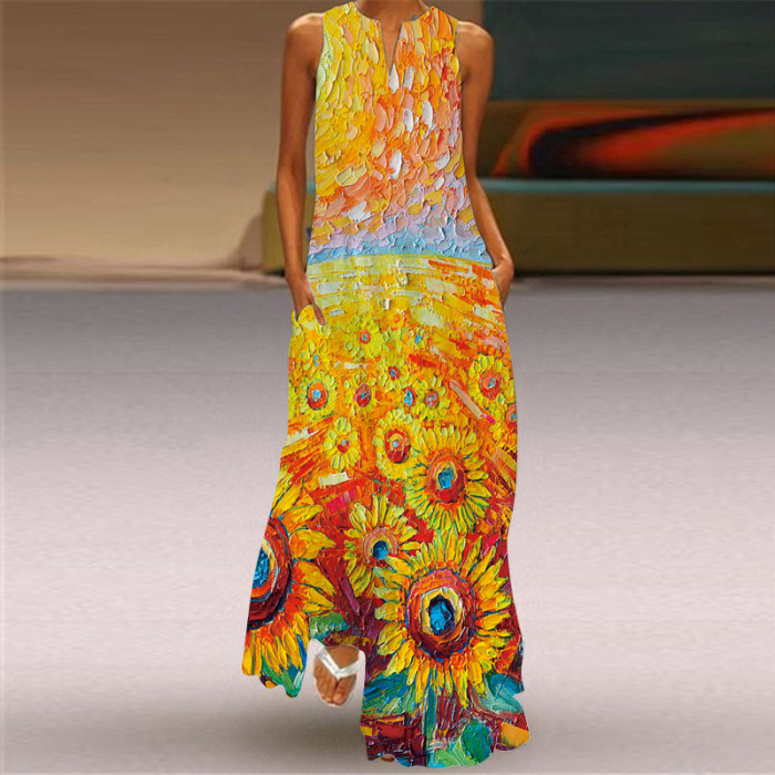Retro Print Fashion Sexy V-neck Sleeveless Maxi Dress