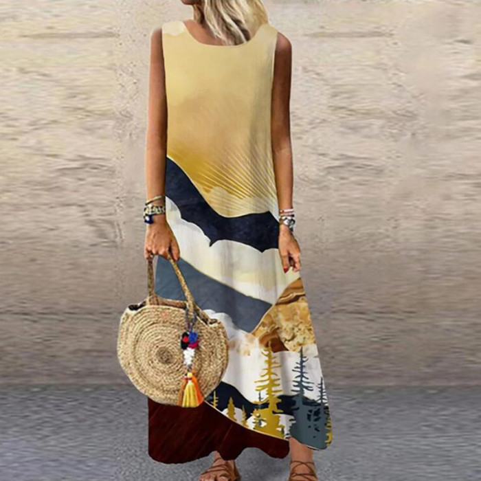 Vintage Floral Printed Sleeveless Loose Casual Bohemia Maxi Dress