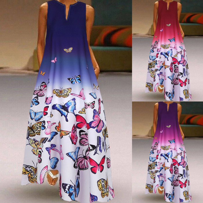 Butterfly Print Daily Sleeveless Vintage Boho V Neck Maxi Dress