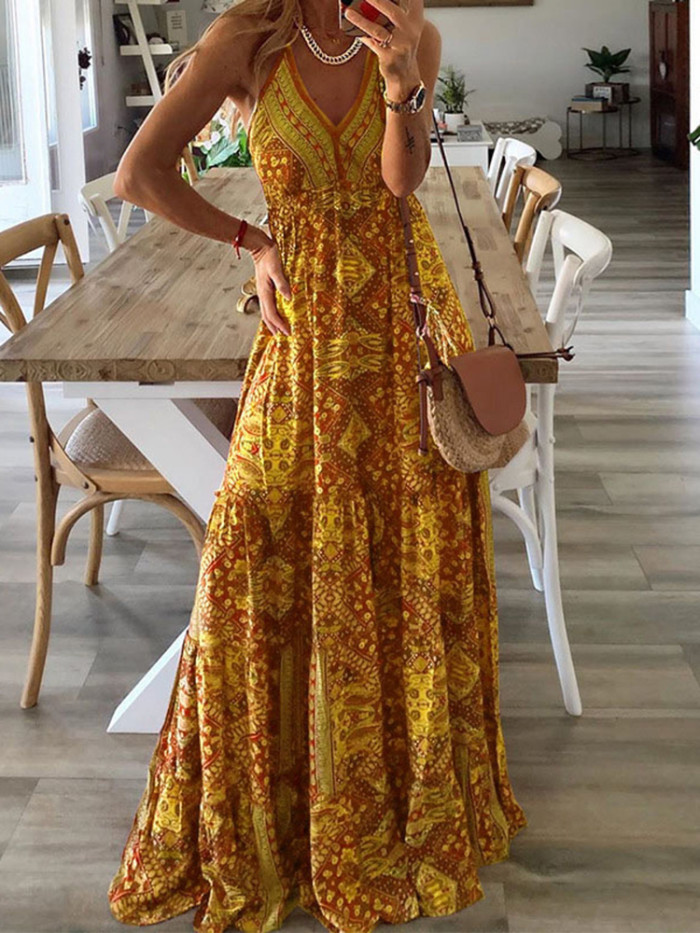 Vintage Fashion Sexy Sleeveless V Neck Printed Boho Maxi Dress