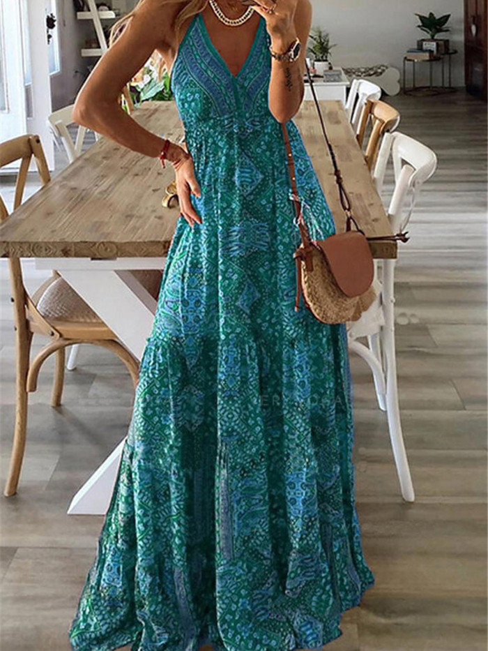 Vintage Fashion Sexy Sleeveless V Neck Printed Boho Maxi Dress