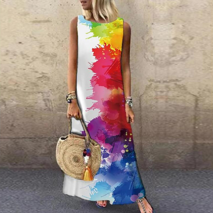 Vintage Floral Printed Sleeveless Loose Casual Bohemia Maxi Dress