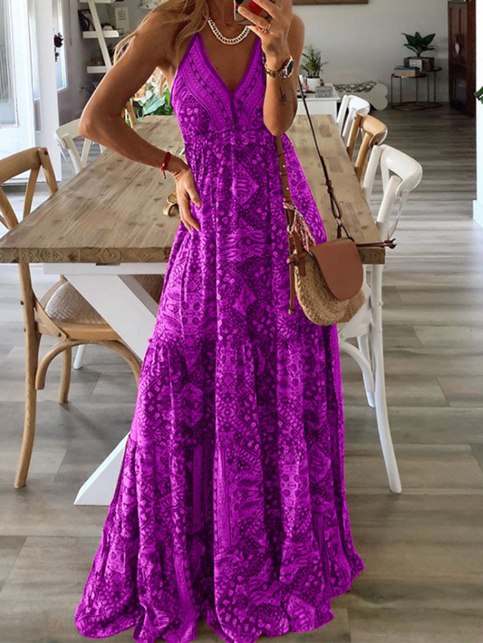 Vintage Fashion Sexy Sleeveless V Neck Printed Boho Maxi Dress