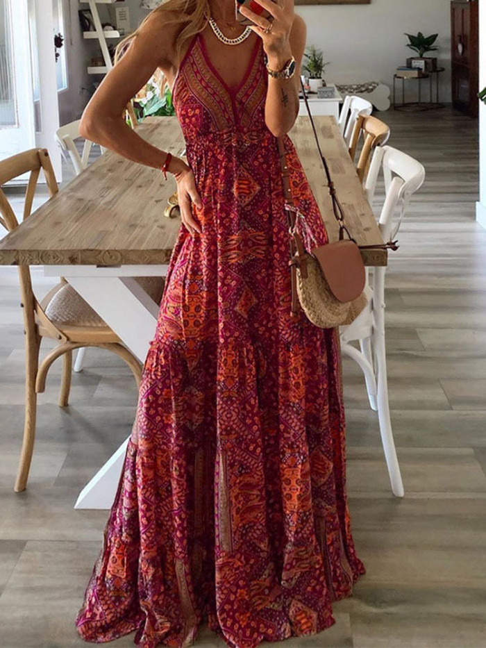 Vintage Fashion Sexy Sleeveless V Neck Printed Boho Maxi Dress