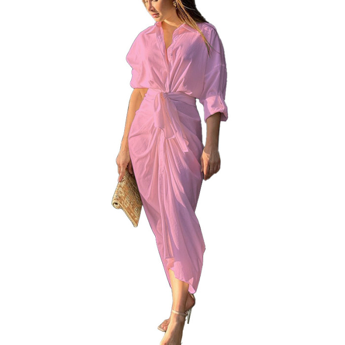 V Neck Short Sleeve Solid Color Sexy Pleated Shirt Dress