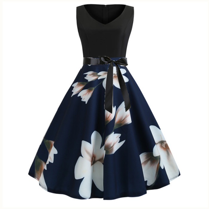 Casual V-neck Print Sleeveless Vintage Dress