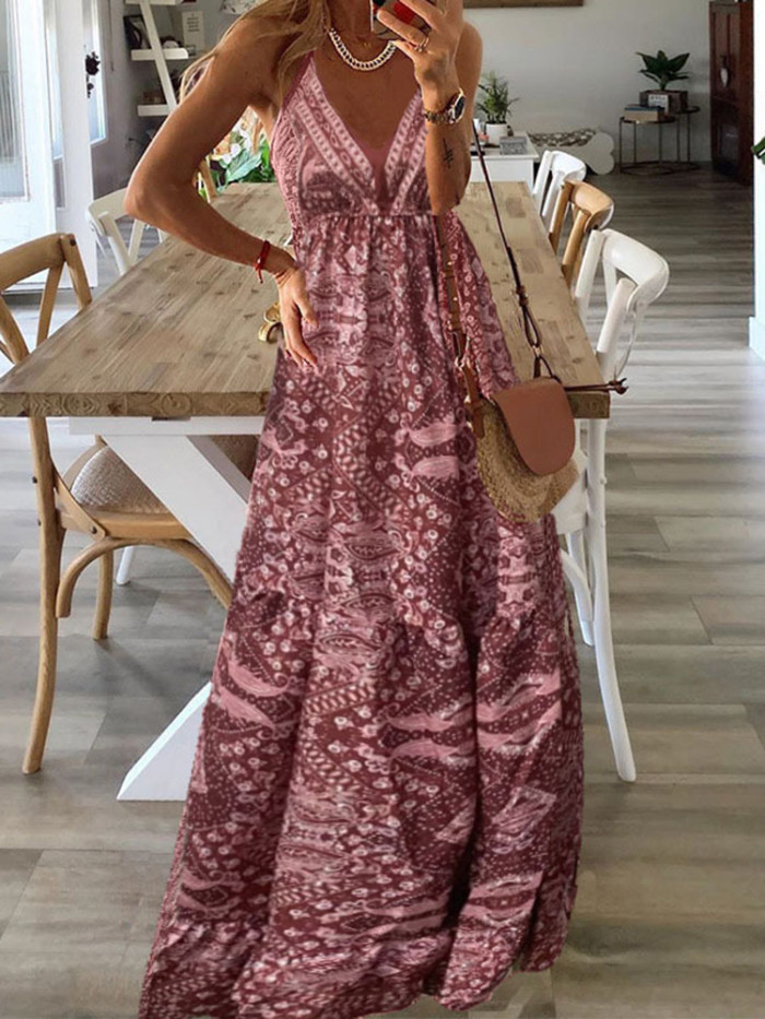 Vintage Fashion Sexy Sleeveless V Neck Printed Boho Maxi Dress