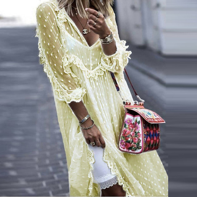 Fashion Sexy V-Neck Beach Polka Dot Print Long Dress