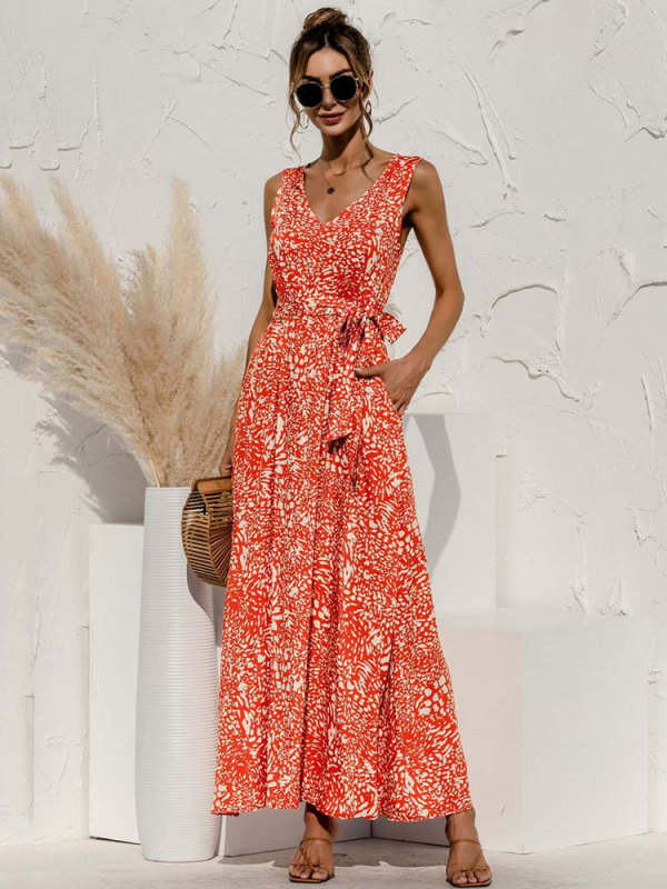 Women Elegant V Neck Floral Sleeveless Maxi Dress