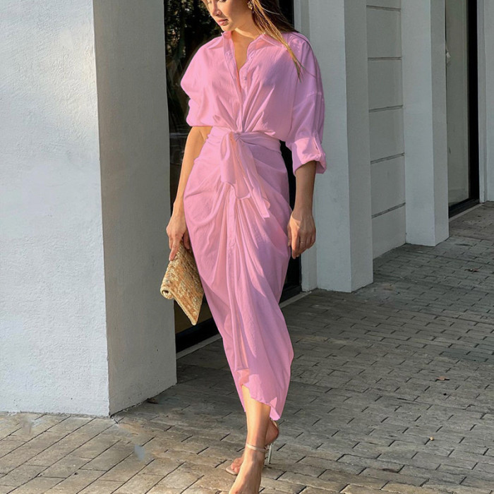 V Neck Short Sleeve Solid Color Sexy Pleated Shirt Dress