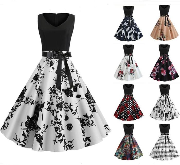 Casual V-neck Print Sleeveless Vintage Dress