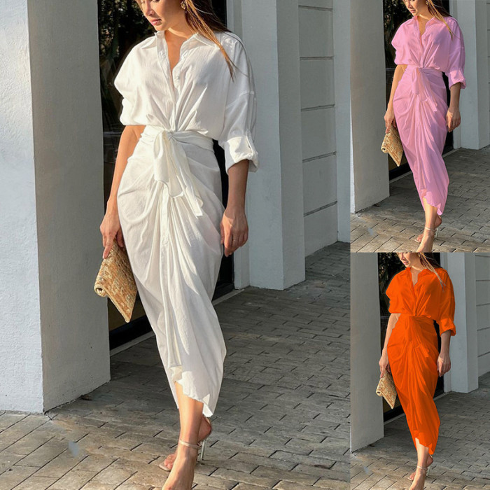 V Neck Short Sleeve Solid Color Sexy Pleated Shirt Dress