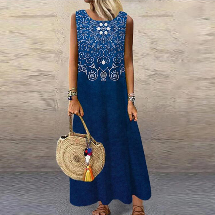 Vintage Floral Printed Sleeveless Loose Casual Bohemia Maxi Dress