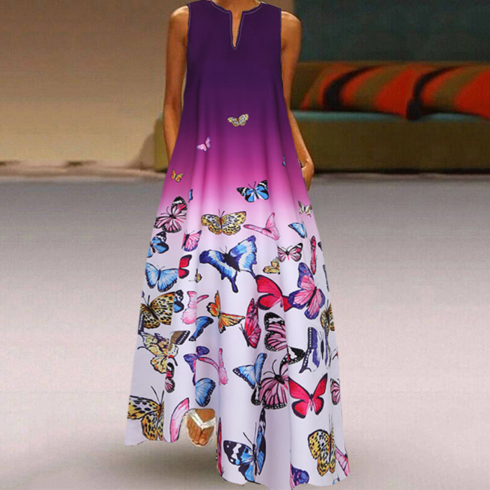 Butterfly Print Daily Sleeveless Vintage Boho V Neck Maxi Dress