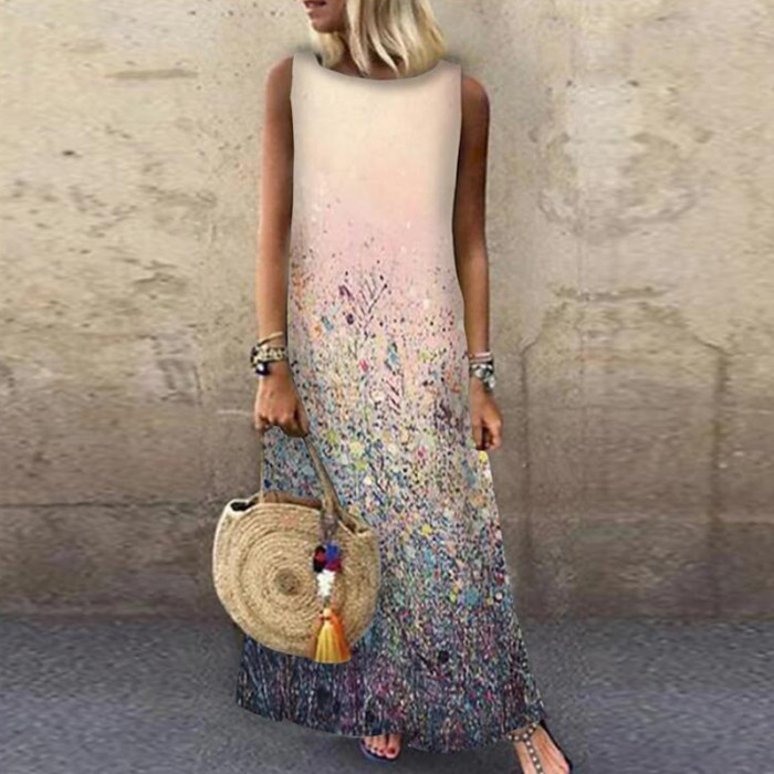 Vintage Floral Printed Sleeveless Loose Casual Bohemia Maxi Dress