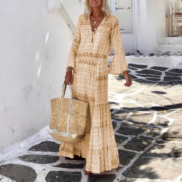 Vintage Print Party Elegant Flare Sleeve Sexy V Neck Maxi Dress