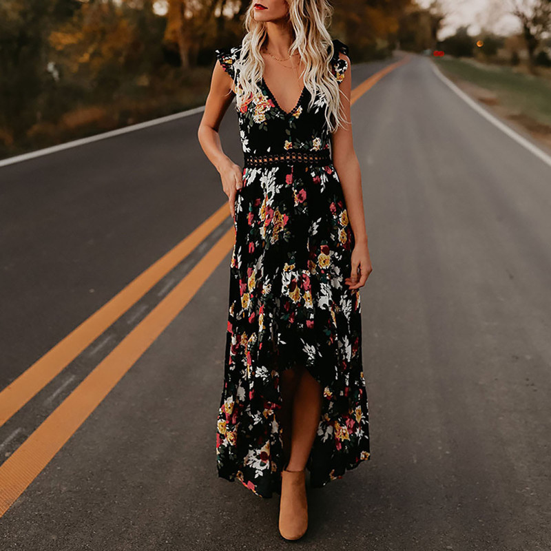 Fashion Casual V-neck Short-sleeve Loose Floral Elegant Maxi Dress