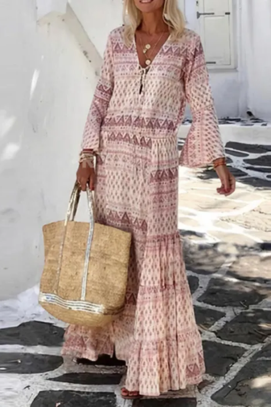 Vintage Print Party Elegant Flare Sleeve Sexy V Neck Maxi Dress