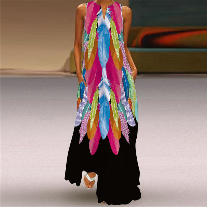 Retro Print Fashion Sexy V-neck Sleeveless Maxi Dress