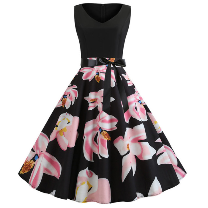 Casual V-neck Print Sleeveless Vintage Dress