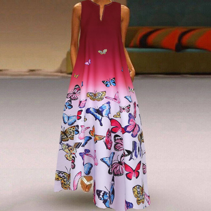 Butterfly Print Daily Sleeveless Vintage Boho V Neck Maxi Dress