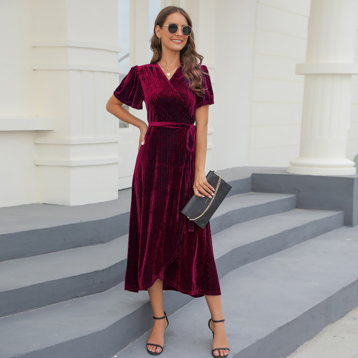 Velvet Casual Fashion Short Sleeve V Neck High Waist Dress