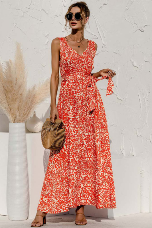 Women Elegant V Neck Floral Sleeveless Maxi Dress