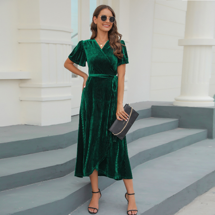 Velvet Casual Fashion Short Sleeve V Neck High Waist Dress