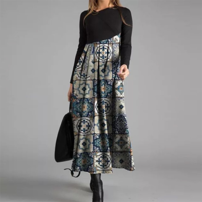 Elegant V-Neck Vintage Cotton Long Sleeves Casual Loose Maxi Dress