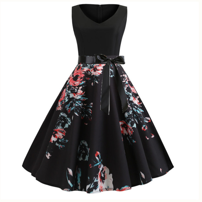 Casual V-neck Print Sleeveless Vintage Dress