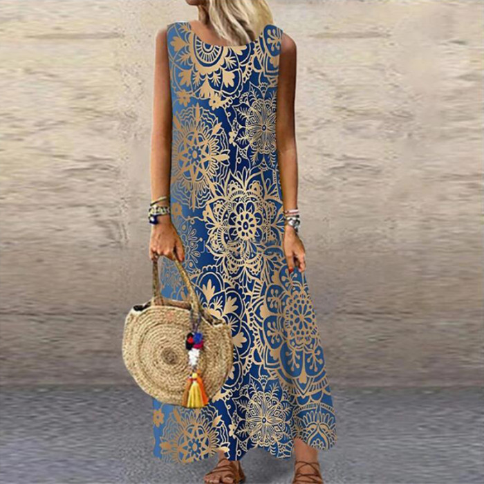 Vintage Floral Printed Sleeveless Loose Casual Bohemia Maxi Dress